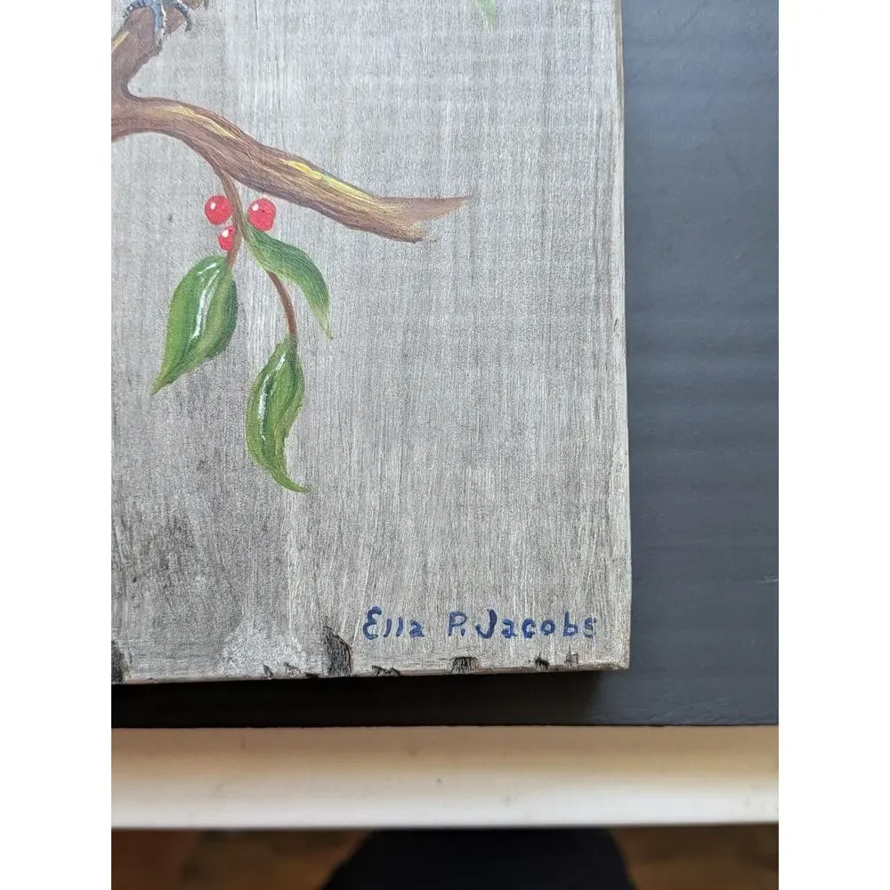 Vintage Blue Jay Painting on Barn Wood Plaque Ella P Jacobs 10